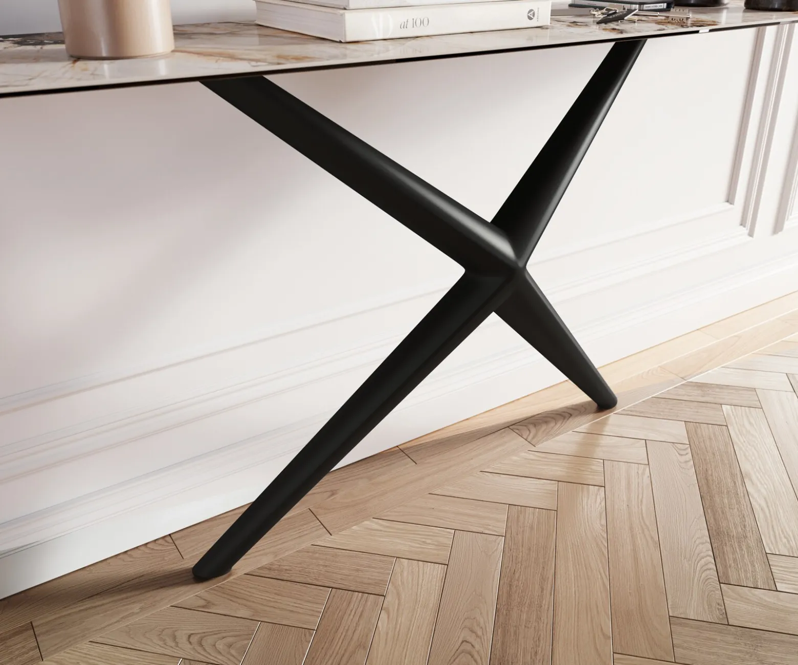 KonsolentischEdge Boot 180x40 cm Keramik Patagonia Poliert Estelo Metall Schwarz Sofort versandfertig