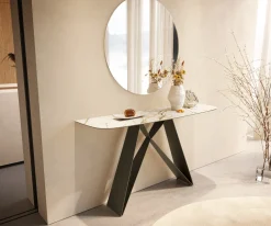 KonsolentischEdge Boot 140x40 cm Keramik Calacatta Luxe Weiß-Gold-Grau Velio Metall Effektfinish Titan Sofort versandfertig