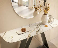 KonsolentischEdge Boot 140x40 cm Keramik Calacatta Luxe Weiß-Gold-Grau Velio Metall Effektfinish Titan Sofort versandfertig