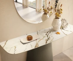 KonsolentischEdge Boot 140x40 cm Keramik Calacatta Luxe Weiß-Gold-Grau Conos Metall Effektfinish Titan Sofort versandfertig