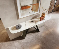 KonsolentischEdge Boot 180x40 cm Keramik Calacatta Luxe Weiß-Gold-Grau Velio Metall Effektfinish Titan Sofort versandfertig