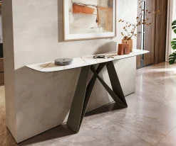 KonsolentischEdge Boot 180x40 cm Keramik Calacatta Luxe Weiß-Gold-Grau Velio Metall Effektfinish Titan Sofort versandfertig