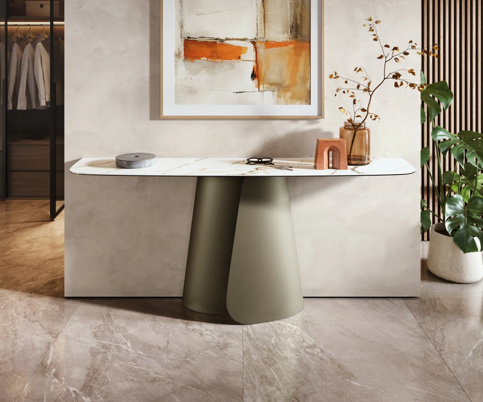 KonsolentischEdge Boot 180x40 cm Keramik Calacatta Luxe Weiß-Gold-Grau Livos Metall Effektfinish Titan Sofort versandfertig