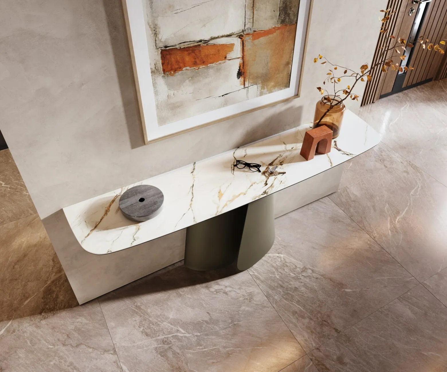 KonsolentischEdge Boot 180x40 cm Keramik Calacatta Luxe Weiß-Gold-Grau Livos Metall Effektfinish Titan Sofort versandfertig