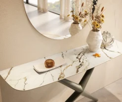 KonsolentischEdge Boot 140x40 cm Keramik Calacatta Luxe Weiß-Gold-Grau Estelo Metall Effektfinish Titan Sofort versandfertig