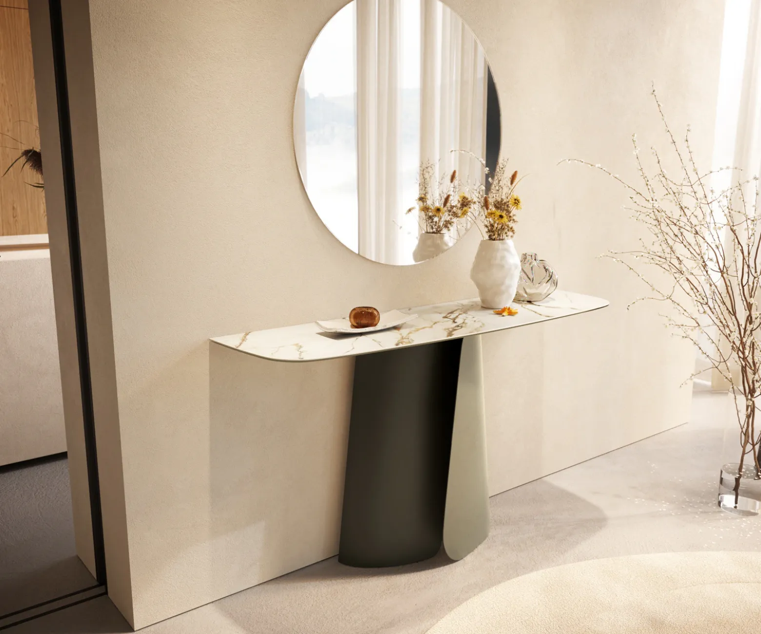 KonsolentischEdge Boot 140x40 cm Keramik Calacatta Luxe Weiß-Gold-Grau Livos Metall Effektfinish Titan Sofort versandfertig
