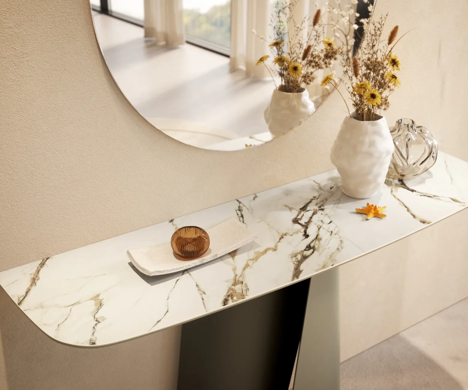 KonsolentischEdge Boot 140x40 cm Keramik Calacatta Luxe Weiß-Gold-Grau Livos Metall Effektfinish Titan Sofort versandfertig