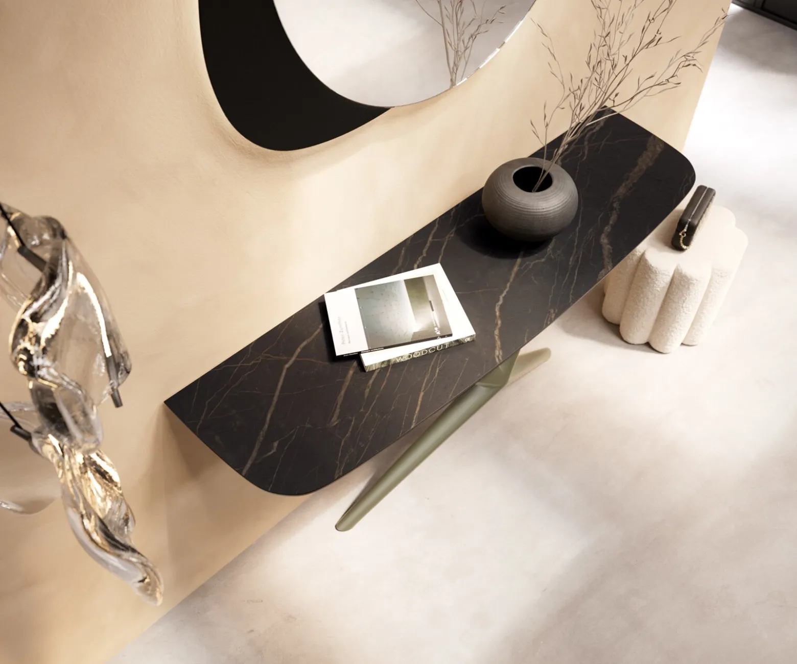 KonsolentischEdge Boot 140x40 cm Keramik Laminam® Noir Desir Braun Estelo Metall Effektfinish Titan Sofort versandfertig