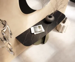 KonsolentischEdge Boot 140x40 cm Keramik Laminam® Noir Desir Braun Livos Metall Effektfinish Titan Sofort versandfertig