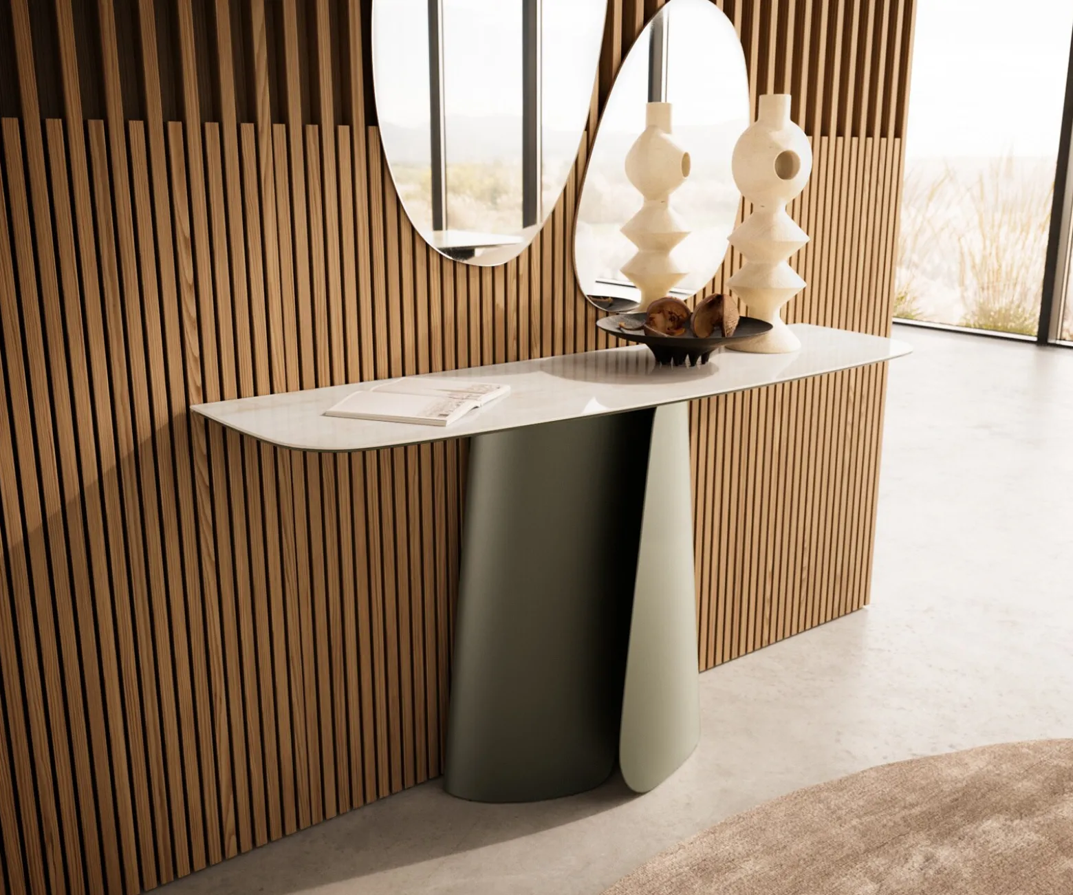 KonsolentischEdge Boot 140x40 cm Keramik Onyx Champagne Livos Metall Effektfinish Titan Versandfertig ca. 25.09.26