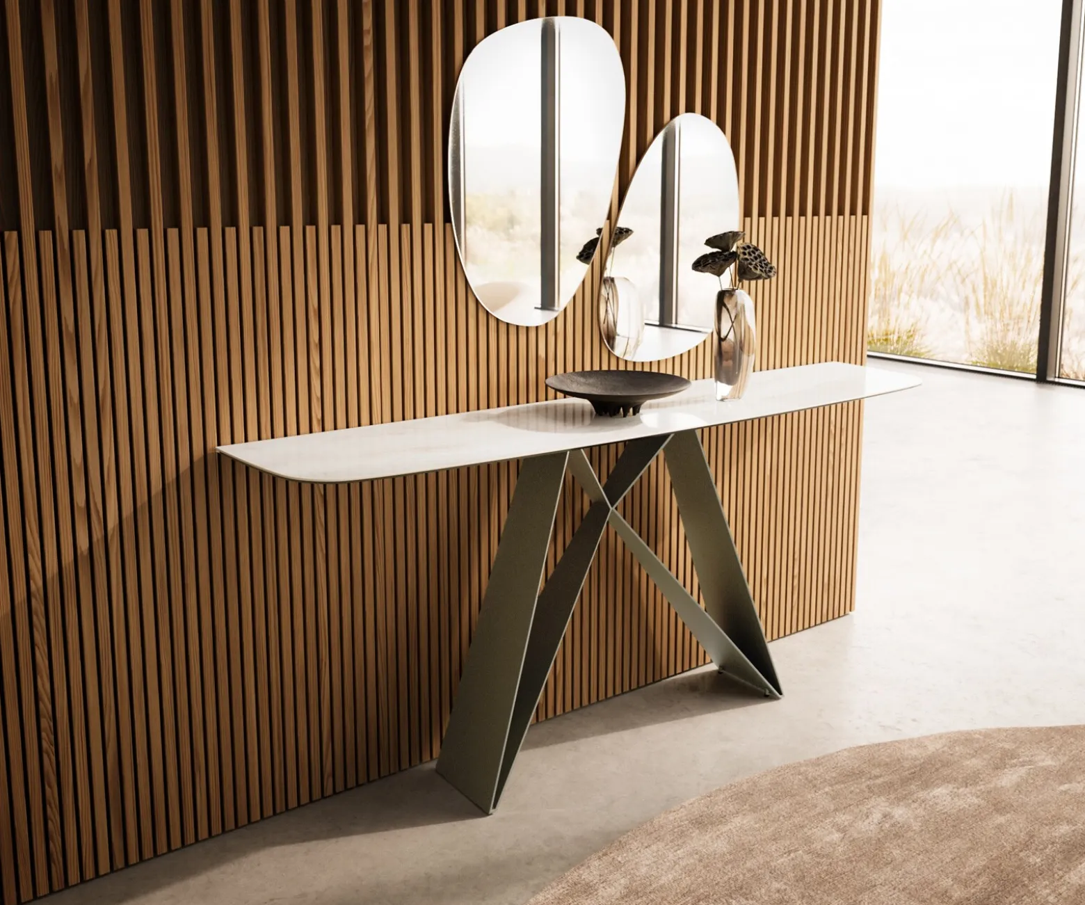 KonsolentischEdge Boot 180x40 cm Keramik Onyx Champagne Velio Metall Effektfinish Titan Versandfertig ca. 25.09.26