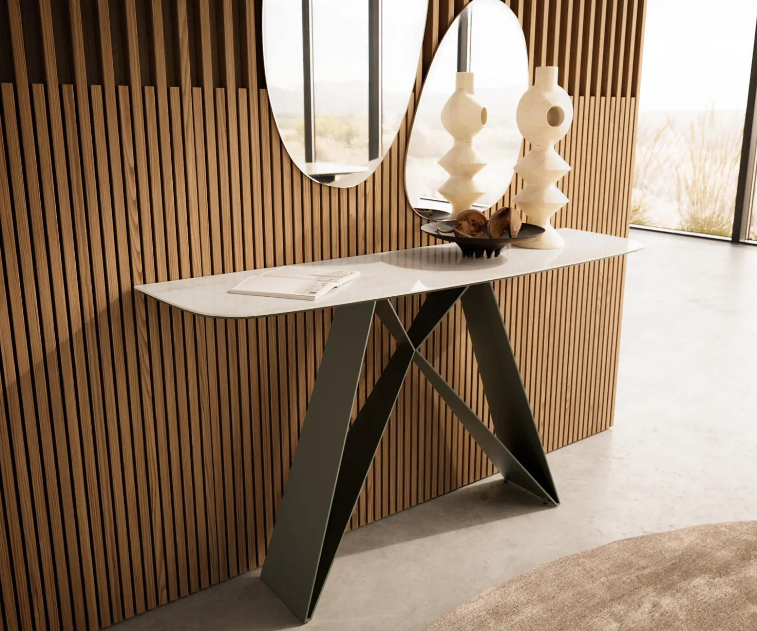 KonsolentischEdge Boot 140x40 cm Keramik Onyx Champagne Velio Metall Effektfinish Titan Versandfertig ca. 25.09.26