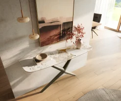 KonsolentischEdge Boot 140x40 cm Keramik Minas Melange Weiß-Beige Estelo Metall Effektfinish Titan Sofort versandfertig