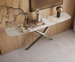 KonsolentischEdge Boot 180x40 cm Keramik Minas Melange Weiß-Beige Estelo Metall Effektfinish Titan Sofort versandfertig