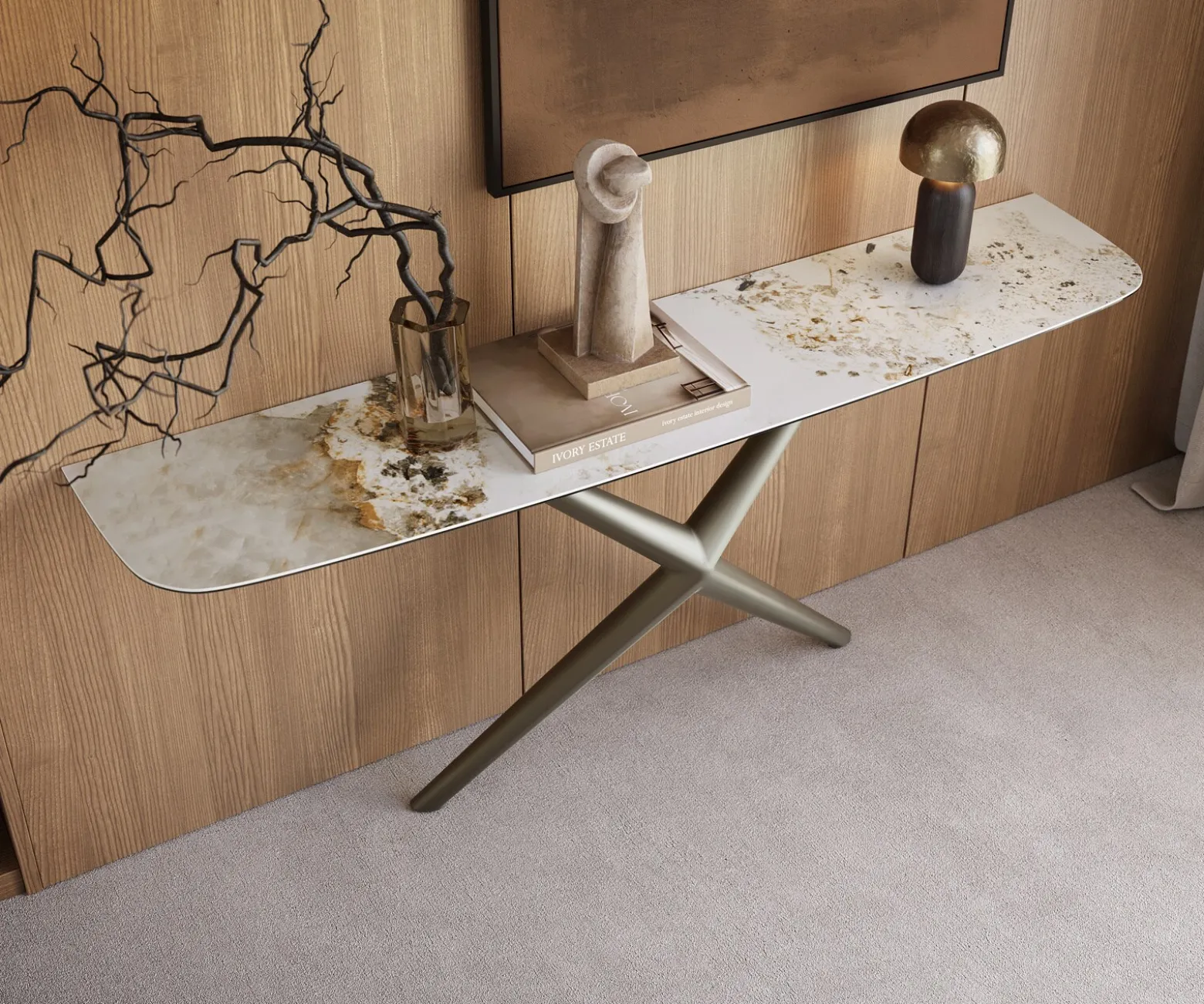 KonsolentischEdge Boot 180x40 cm Keramik Minas Melange Weiß-Beige Estelo Metall Effektfinish Titan Sofort versandfertig