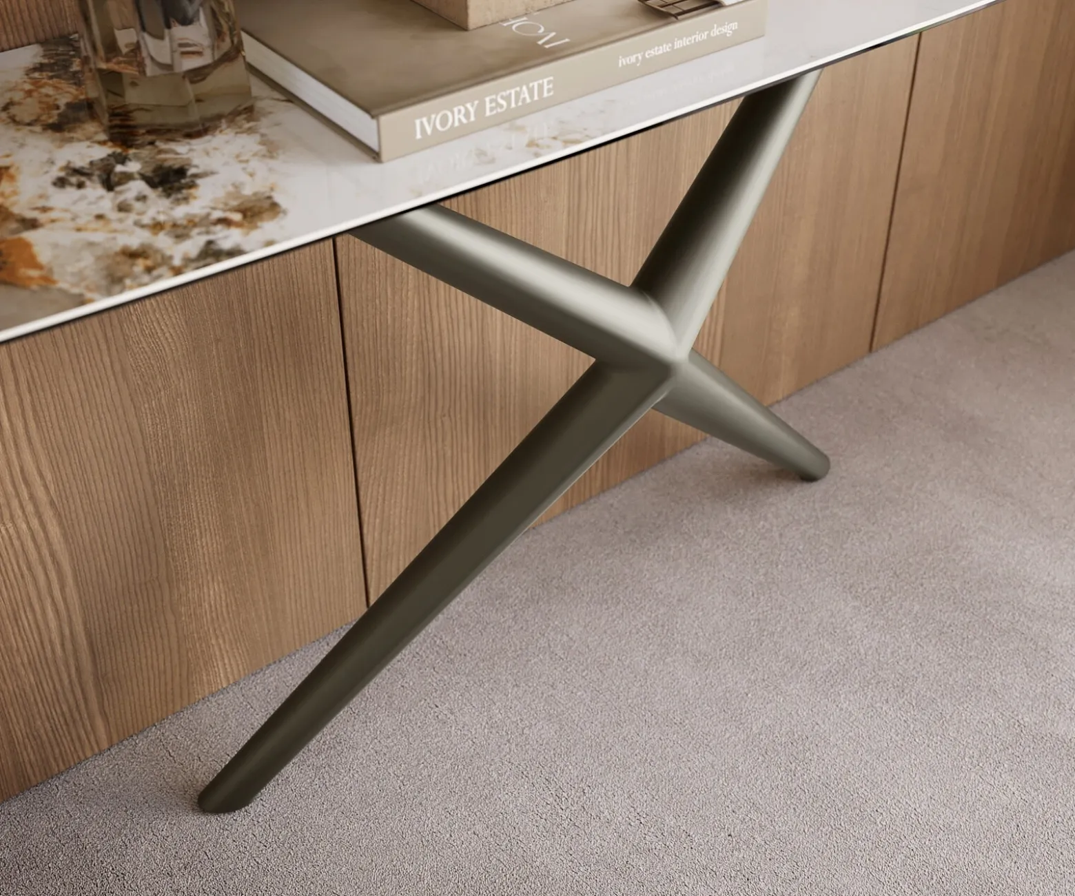 KonsolentischEdge Boot 180x40 cm Keramik Minas Melange Weiß-Beige Estelo Metall Effektfinish Titan Sofort versandfertig