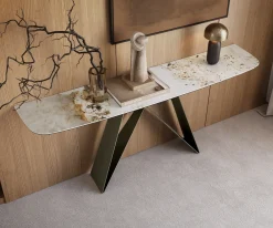 KonsolentischEdge Boot 180x40 cm Keramik Minas Melange Weiß-Beige Velio Metall Effektfinish Titan Sofort versandfertig