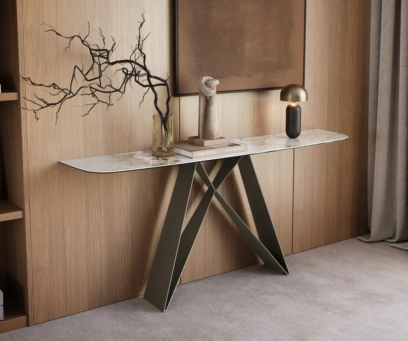 KonsolentischEdge Boot 180x40 cm Keramik Minas Melange Weiß-Beige Velio Metall Effektfinish Titan Sofort versandfertig
