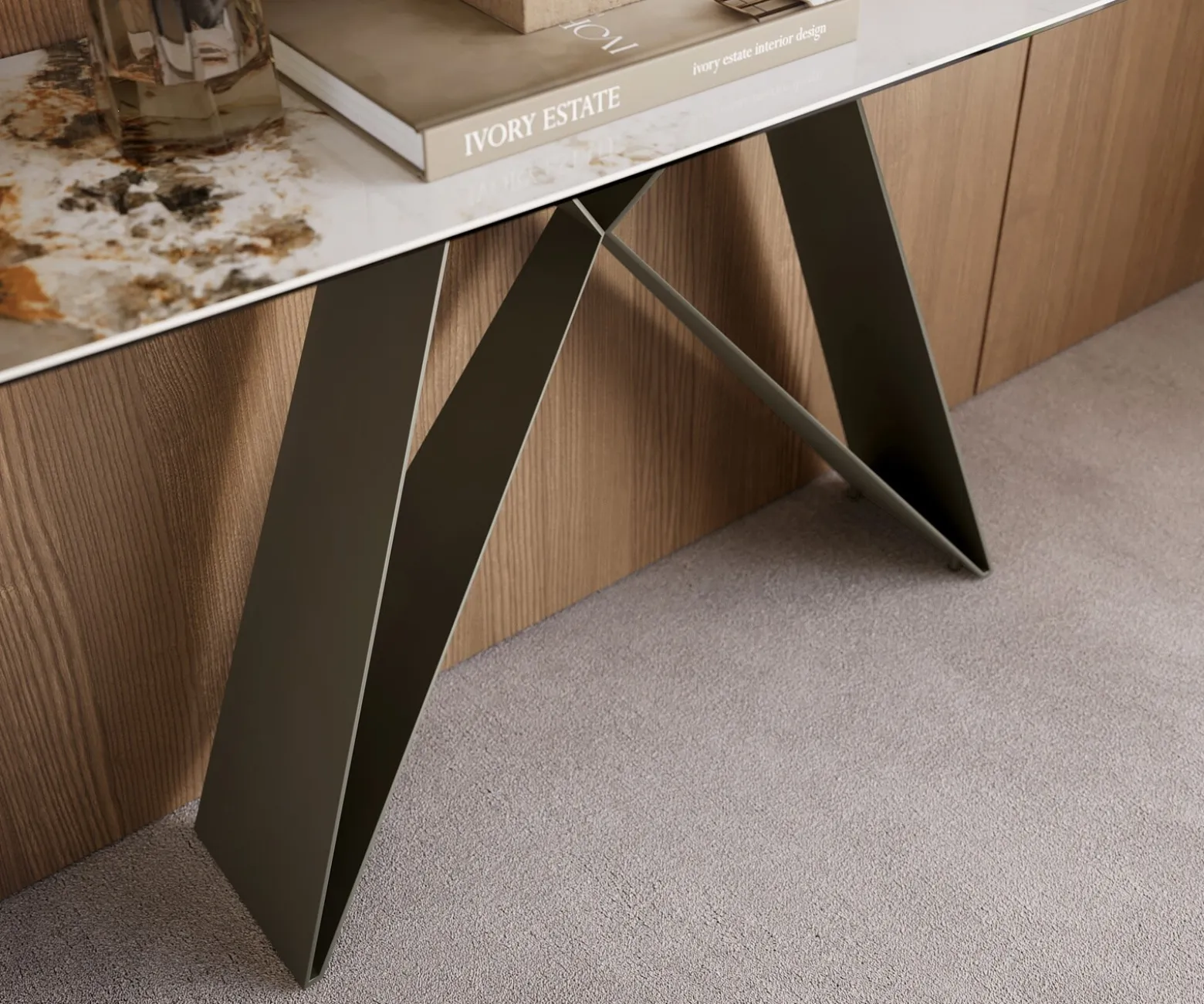 KonsolentischEdge Boot 180x40 cm Keramik Minas Melange Weiß-Beige Velio Metall Effektfinish Titan Sofort versandfertig