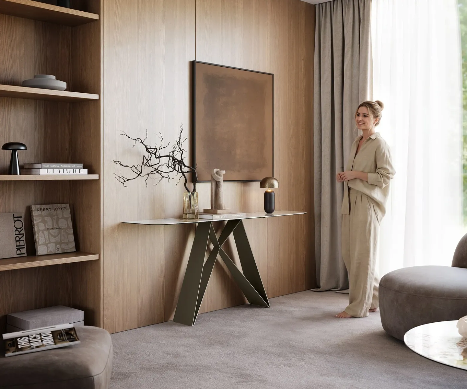 KonsolentischEdge Boot 180x40 cm Keramik Minas Melange Weiß-Beige Velio Metall Effektfinish Titan Sofort versandfertig