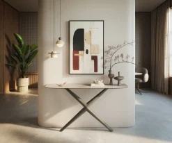 KonsolentischEdge Boot 140x40 cm Keramik Laminam® Travertino Bianco Creme-Weiß Estelo Metall Effektfinish Titan Sofort versandfertig