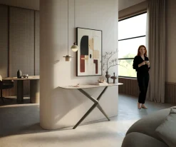 KonsolentischEdge Boot 140x40 cm Keramik Laminam® Travertino Bianco Creme-Weiß Estelo Metall Effektfinish Titan Sofort versandfertig