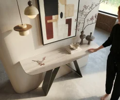 KonsolentischEdge Boot 140x40 cm Keramik Laminam® Travertino Bianco Creme-Weiß Velio Metall Effektfinish Titan Sofort versandfertig