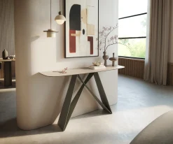 KonsolentischEdge Boot 140x40 cm Keramik Laminam® Travertino Bianco Creme-Weiß Velio Metall Effektfinish Titan Sofort versandfertig