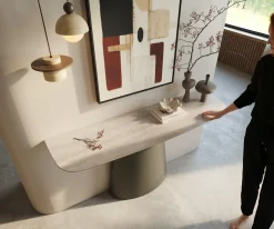 KonsolentischEdge Boot 140x40 cm Keramik Laminam® Travertino Bianco Creme-Weiß Conos Metall Effektfinish Titan Sofort versandfertig
