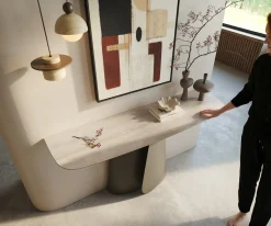 KonsolentischEdge Boot 140x40 cm Keramik Laminam® Travertino Bianco Creme-Weiß Livos Metall Effektfinish Titan Sofort versandfertig