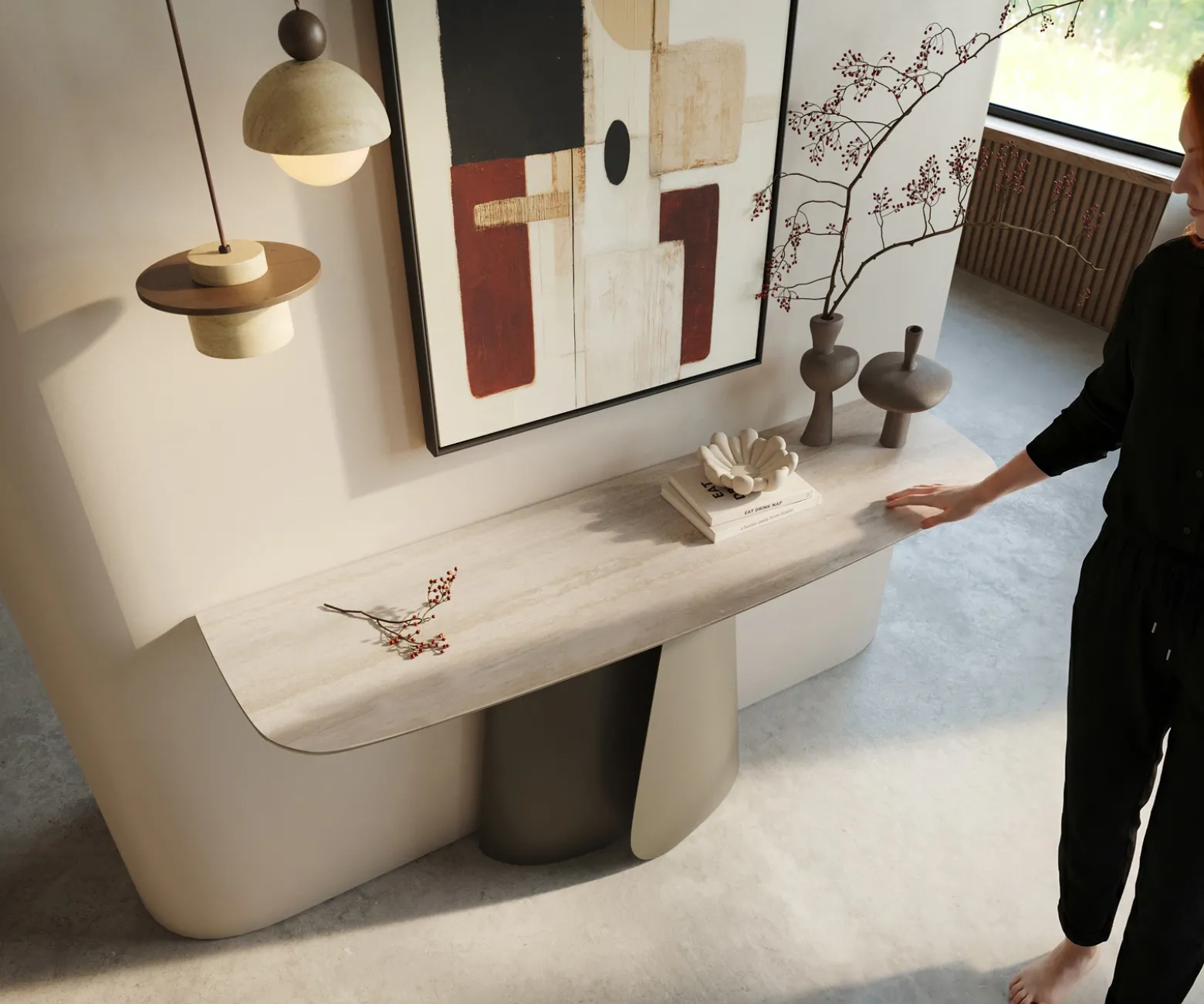 KonsolentischEdge Boot 140x40 cm Keramik Laminam® Travertino Bianco Creme-Weiß Livos Metall Effektfinish Titan Sofort versandfertig