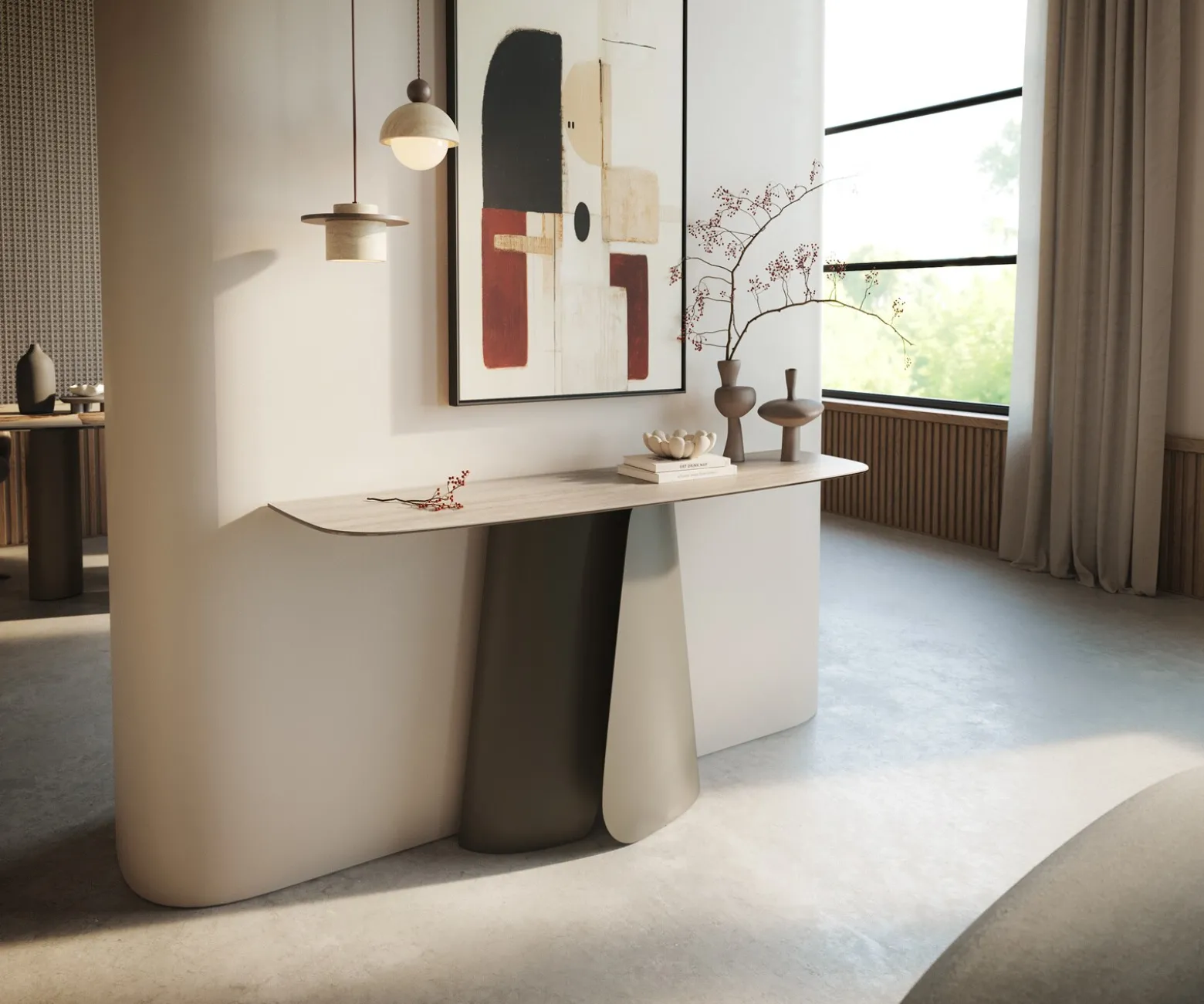 KonsolentischEdge Boot 140x40 cm Keramik Laminam® Travertino Bianco Creme-Weiß Livos Metall Effektfinish Titan Sofort versandfertig