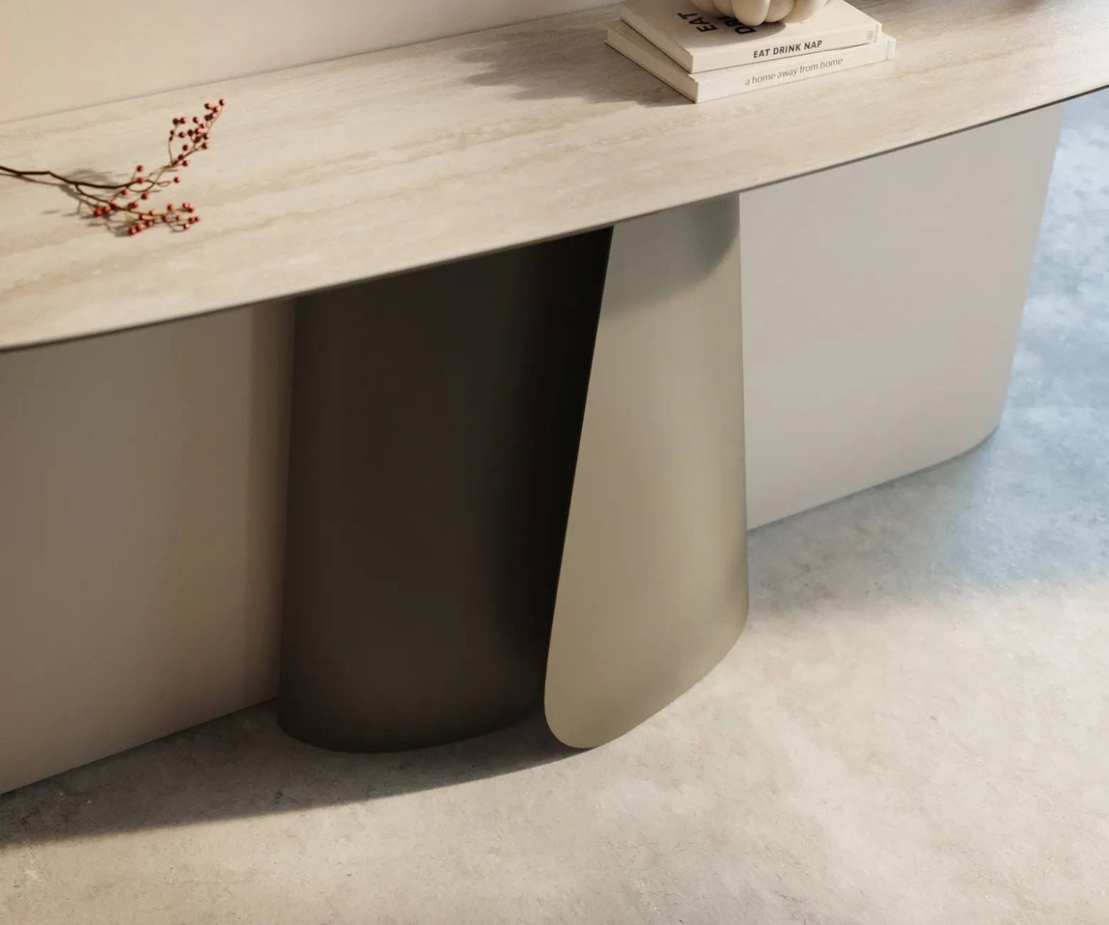 KonsolentischEdge Boot 140x40 cm Keramik Laminam® Travertino Bianco Creme-Weiß Livos Metall Effektfinish Titan Sofort versandfertig
