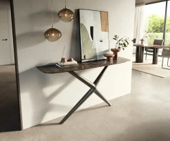 KonsolentischEdge Boot 140x40 cm Keramik Emperador Extra Lucidato Dunkelbraun Estelo Metall Effektfinish Titan Sofort versandfertig