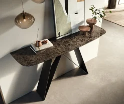 KonsolentischEdge Boot 140x40 cm Keramik Emperador Extra Lucidato Dunkelbraun Velio Metall Schwarz Sofort versandfertig