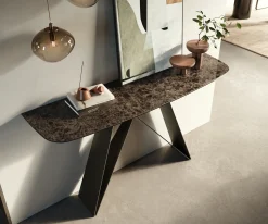 KonsolentischEdge Boot 140x40 cm Keramik Emperador Extra Lucidato Dunkelbraun Velio Metall Effektfinish Titan Sofort versandfertig