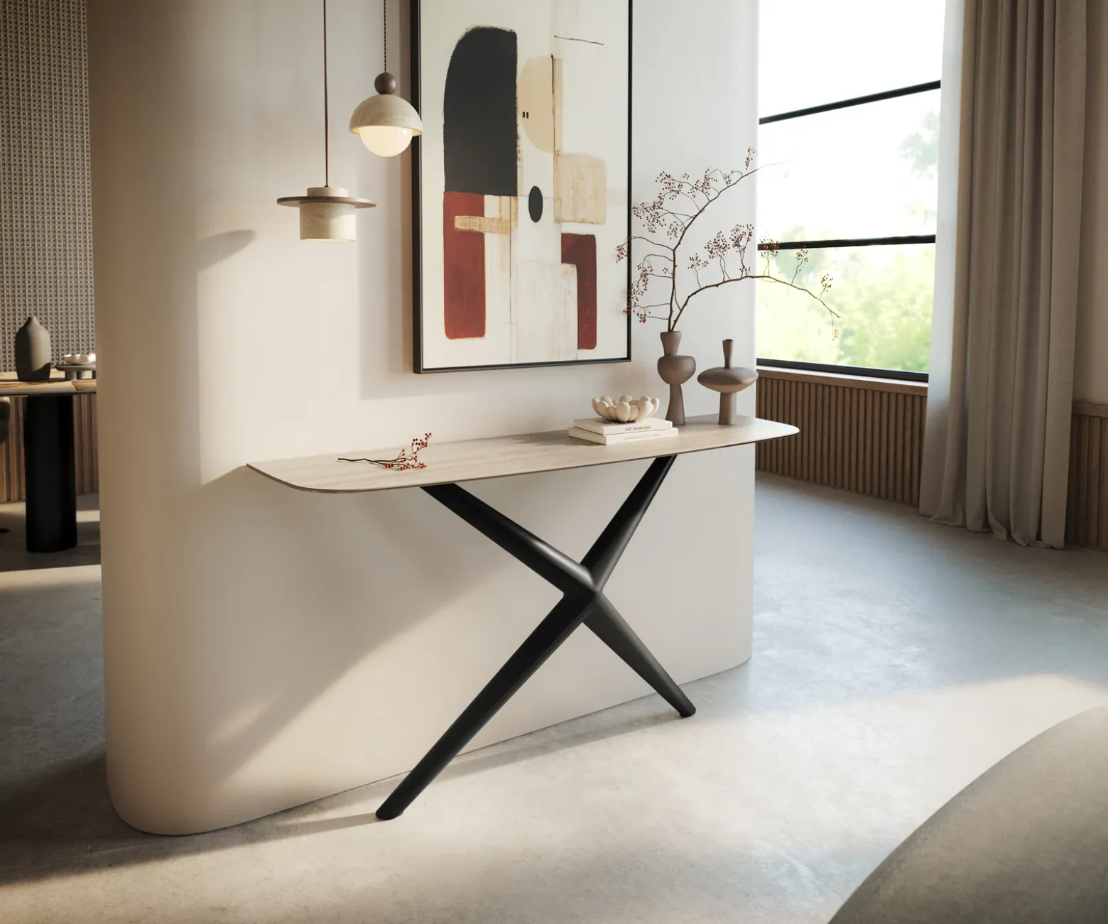 KonsolentischEdge Boot 140x40 cm Keramik Laminam® Travertino Bianco Creme-Weiß Estelo Metall Schwarz Sofort versandfertig