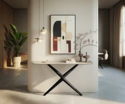 KonsolentischEdge Boot 140x40 cm Keramik Laminam® Travertino Bianco Creme-Weiß Estelo Metall Schwarz Sofort versandfertig