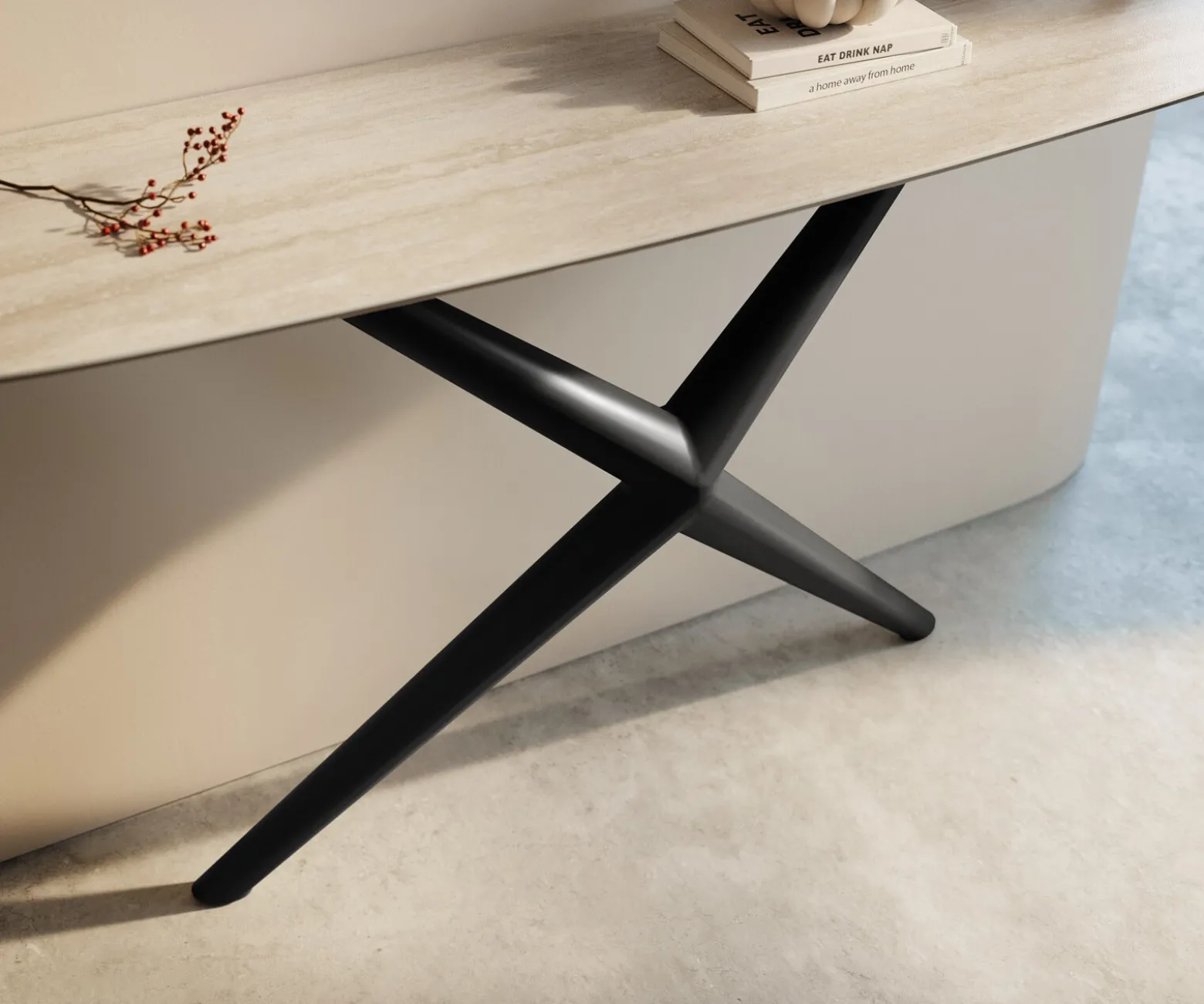 KonsolentischEdge Boot 140x40 cm Keramik Laminam® Travertino Bianco Creme-Weiß Estelo Metall Schwarz Sofort versandfertig