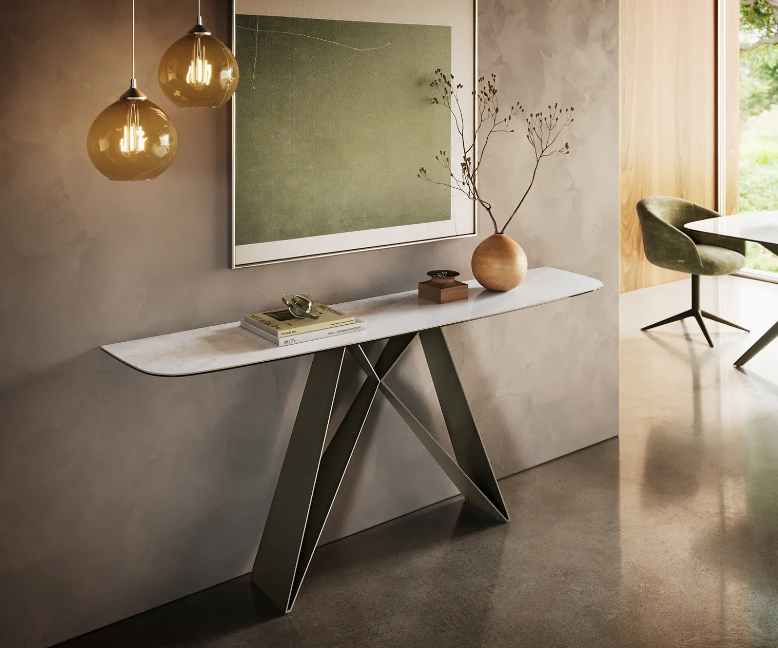 KonsolentischEdge Boot 180x40 cm Keramik Onyx Pearl Velio Metall Effektfinish Titan Sofort versandfertig