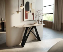 KonsolentischEdge Boot 140x40 cm Keramik Laminam® Travertino Bianco Creme-Weiß Velio Metall Schwarz Sofort versandfertig
