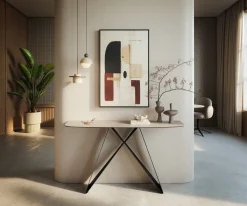 KonsolentischEdge Boot 140x40 cm Keramik Laminam® Travertino Bianco Creme-Weiß Velio Metall Schwarz Sofort versandfertig