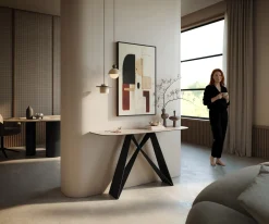 KonsolentischEdge Boot 140x40 cm Keramik Laminam® Travertino Bianco Creme-Weiß Velio Metall Schwarz Sofort versandfertig