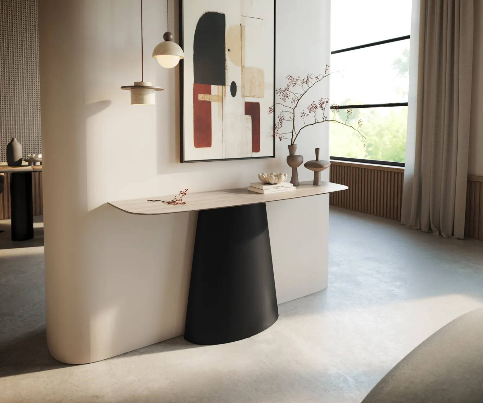 KonsolentischEdge Boot 140x40 cm Keramik Laminam® Travertino Bianco Creme-Weiß Conos Metall Schwarz Sofort versandfertig