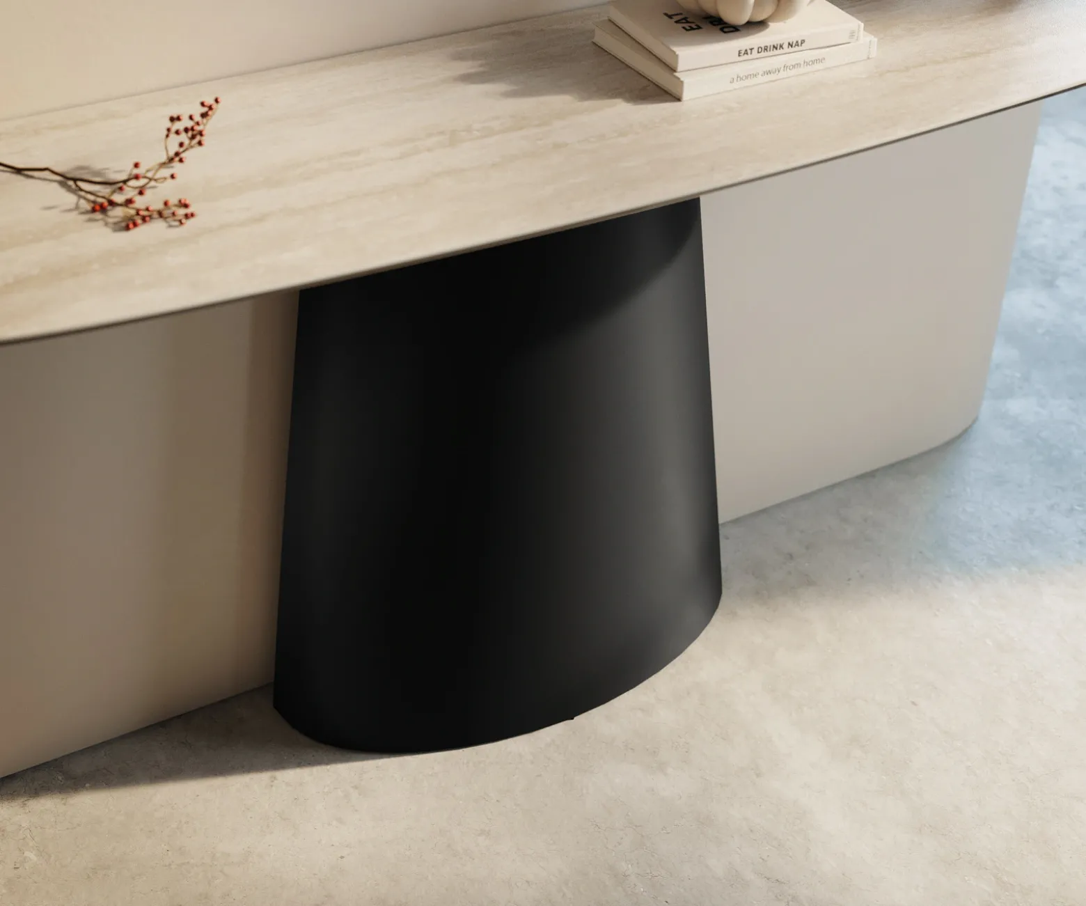 KonsolentischEdge Boot 140x40 cm Keramik Laminam® Travertino Bianco Creme-Weiß Conos Metall Schwarz Sofort versandfertig