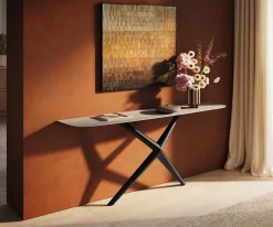 KonsolentischEdge Boot 180x40 cm Keramik Laminam® Travertino Bianco Creme-Weiß Estelo Metall Schwarz Sofort versandfertig