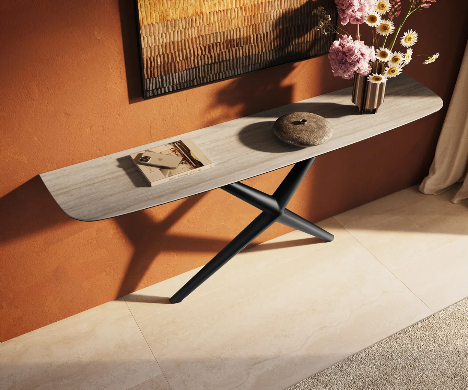 KonsolentischEdge Boot 180x40 cm Keramik Laminam® Travertino Bianco Creme-Weiß Estelo Metall Schwarz Sofort versandfertig