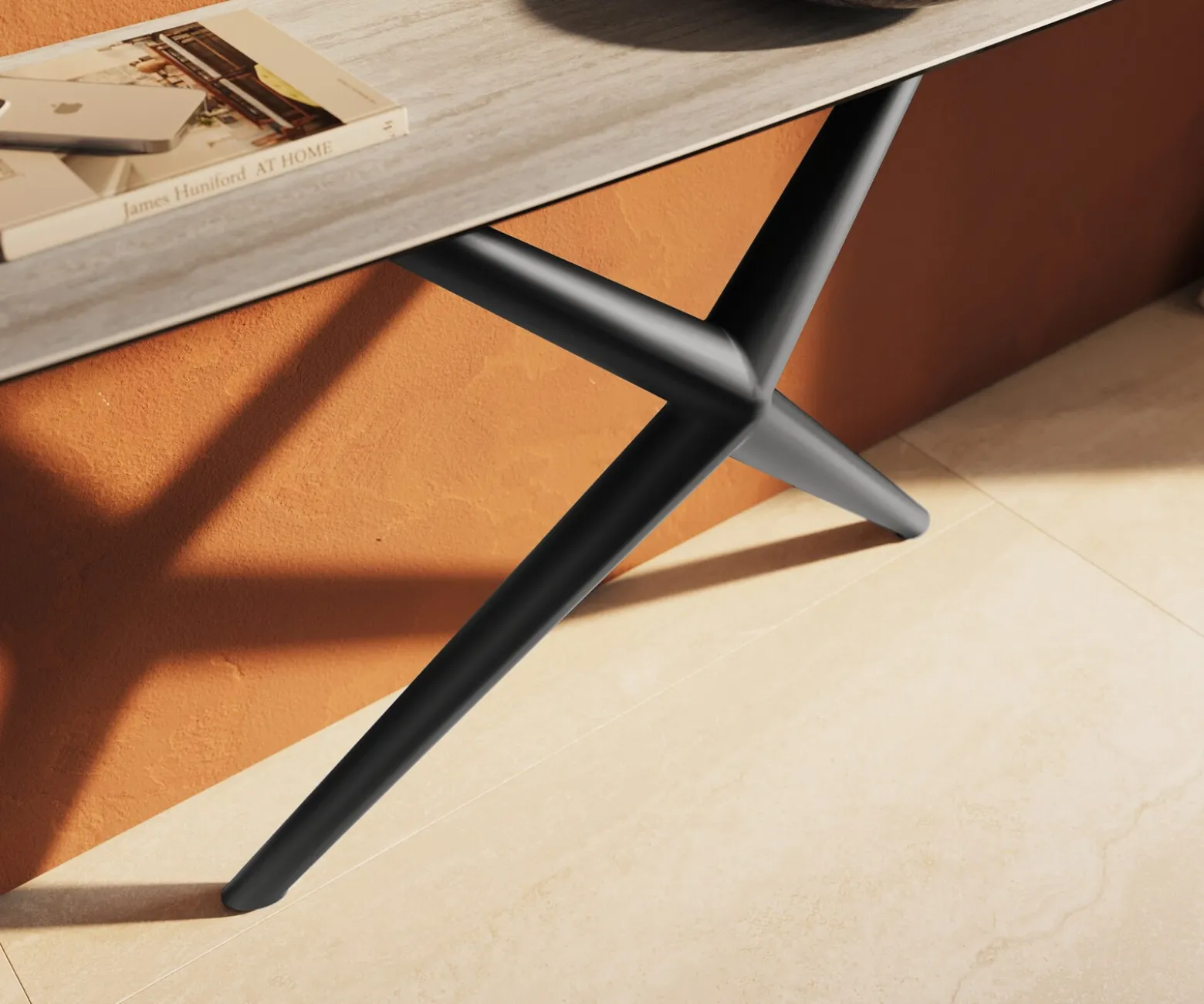 KonsolentischEdge Boot 180x40 cm Keramik Laminam® Travertino Bianco Creme-Weiß Estelo Metall Schwarz Sofort versandfertig