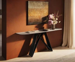 KonsolentischEdge Boot 180x40 cm Keramik Laminam® Travertino Bianco Creme-Weiß Velio Metall Schwarz Sofort versandfertig