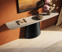 KonsolentischEdge Boot 180x40 cm Keramik Laminam® Travertino Bianco Creme-Weiß Conos Metall Schwarz Sofort versandfertig